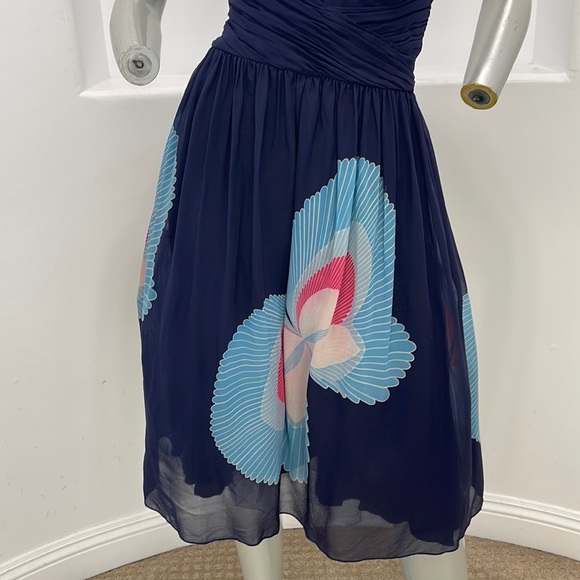 ANNA SUI Strapless  Fit And Flare Empire Waist Silk Dress Navy Floral Size 4 - Picture 6 of 15